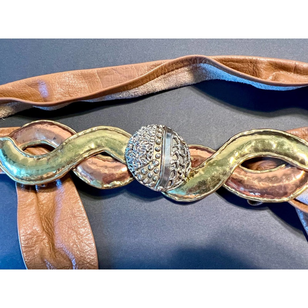 Vintage Soft Brown Leather Statement Belt with Copper Brass Hand Welded Metals